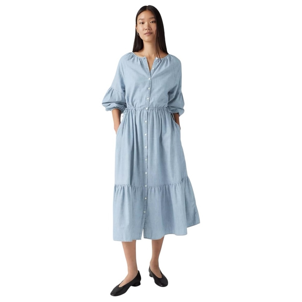 Levi’s Jolene Maxi Dress Denim Chambray Tiered Adjustable Waist Size Medium